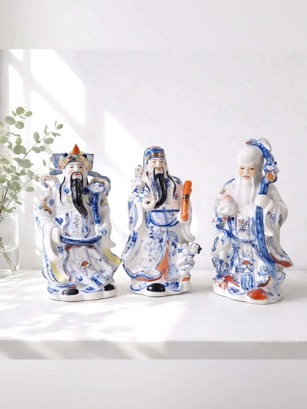 Vintage Chinese Porcelain Fu Lu Shou Statues- Set of Three Famille Rose - Picture 1 of 7
